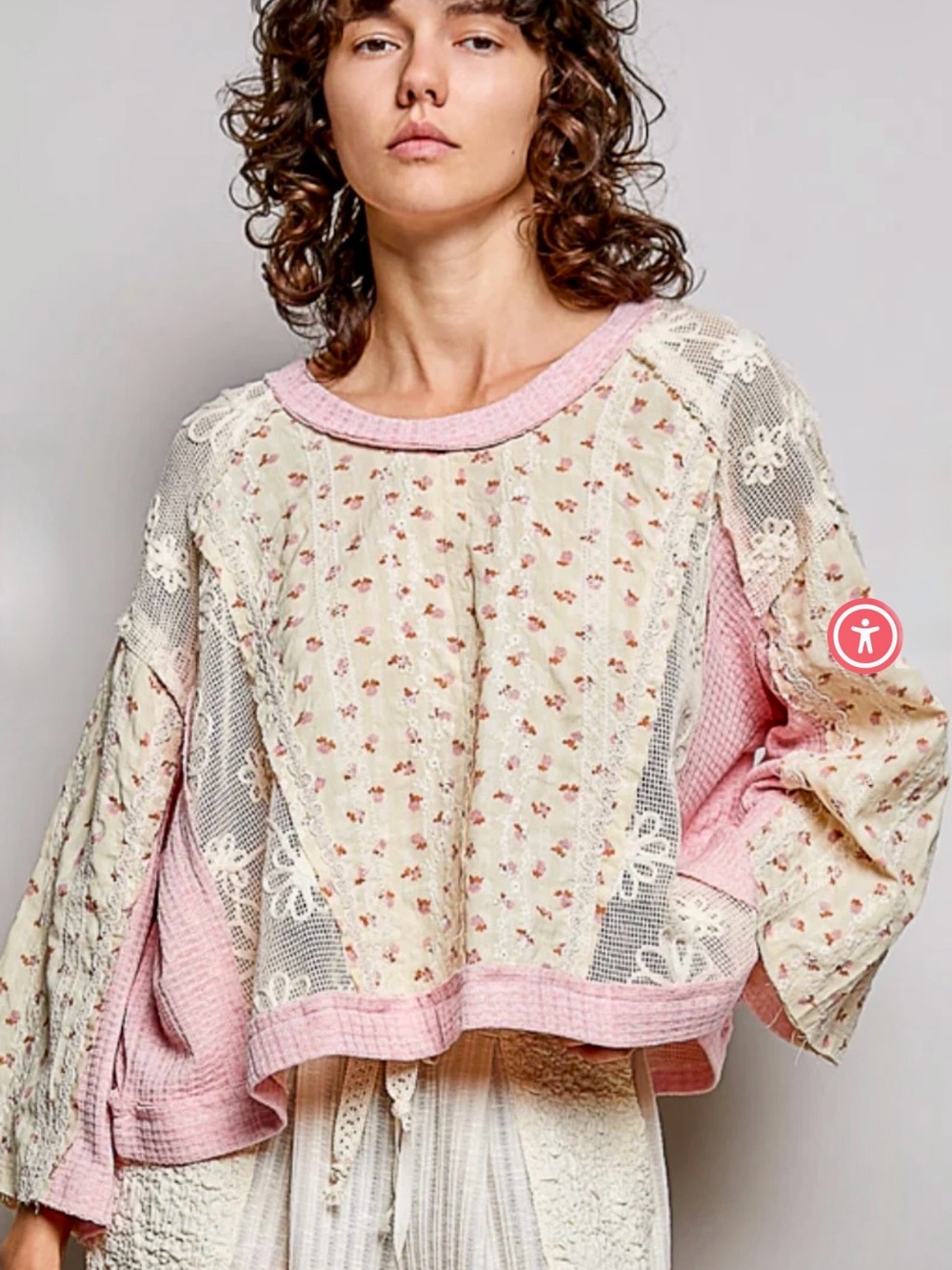 NWOT. POL Pink and Cream Lace-Panel Pullover